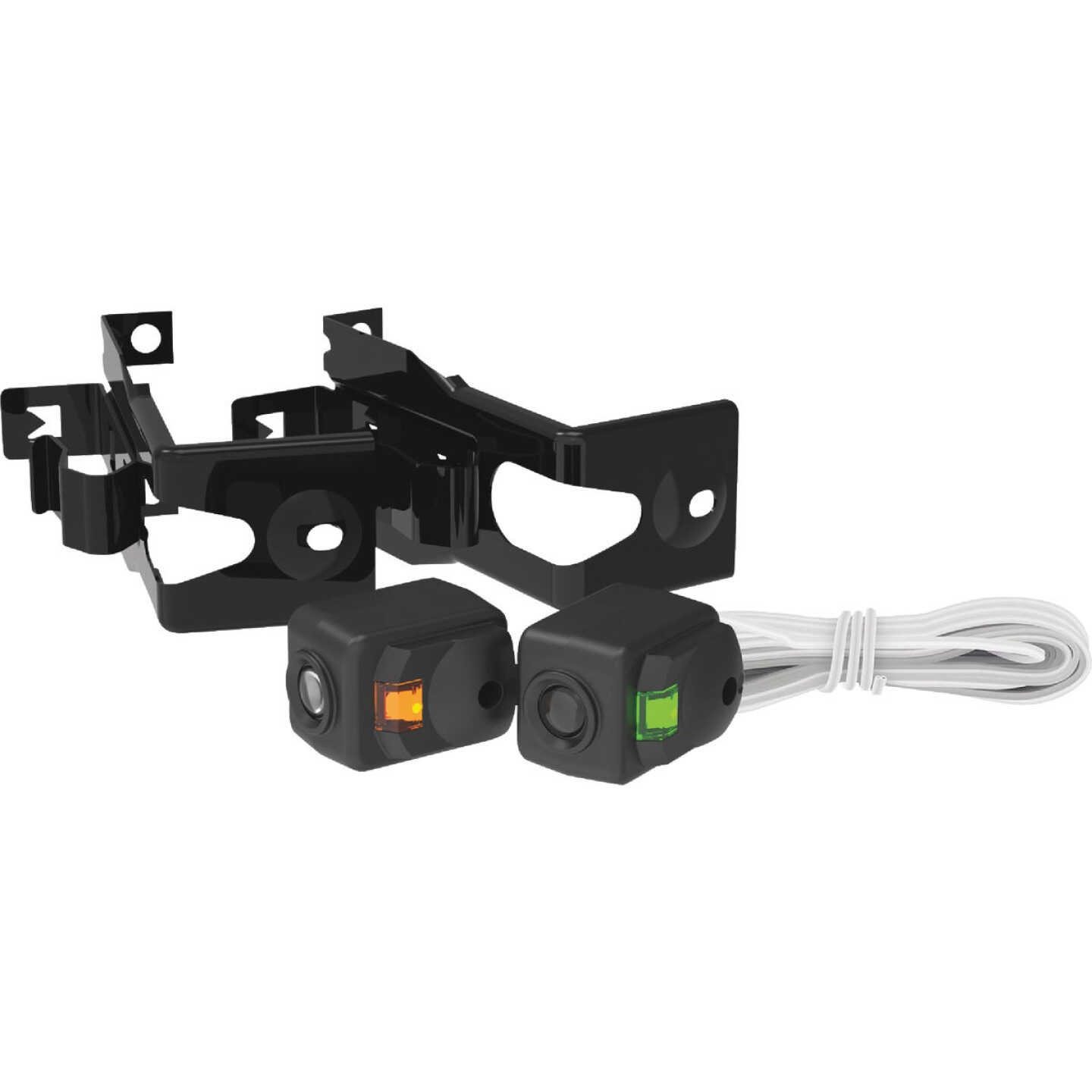  a set of small black sensors or devices, each featuring a colored indicator light—one orange and one green. Accompanying the devices is a white cable neatly coiled and a set of black mounting brackets or holders